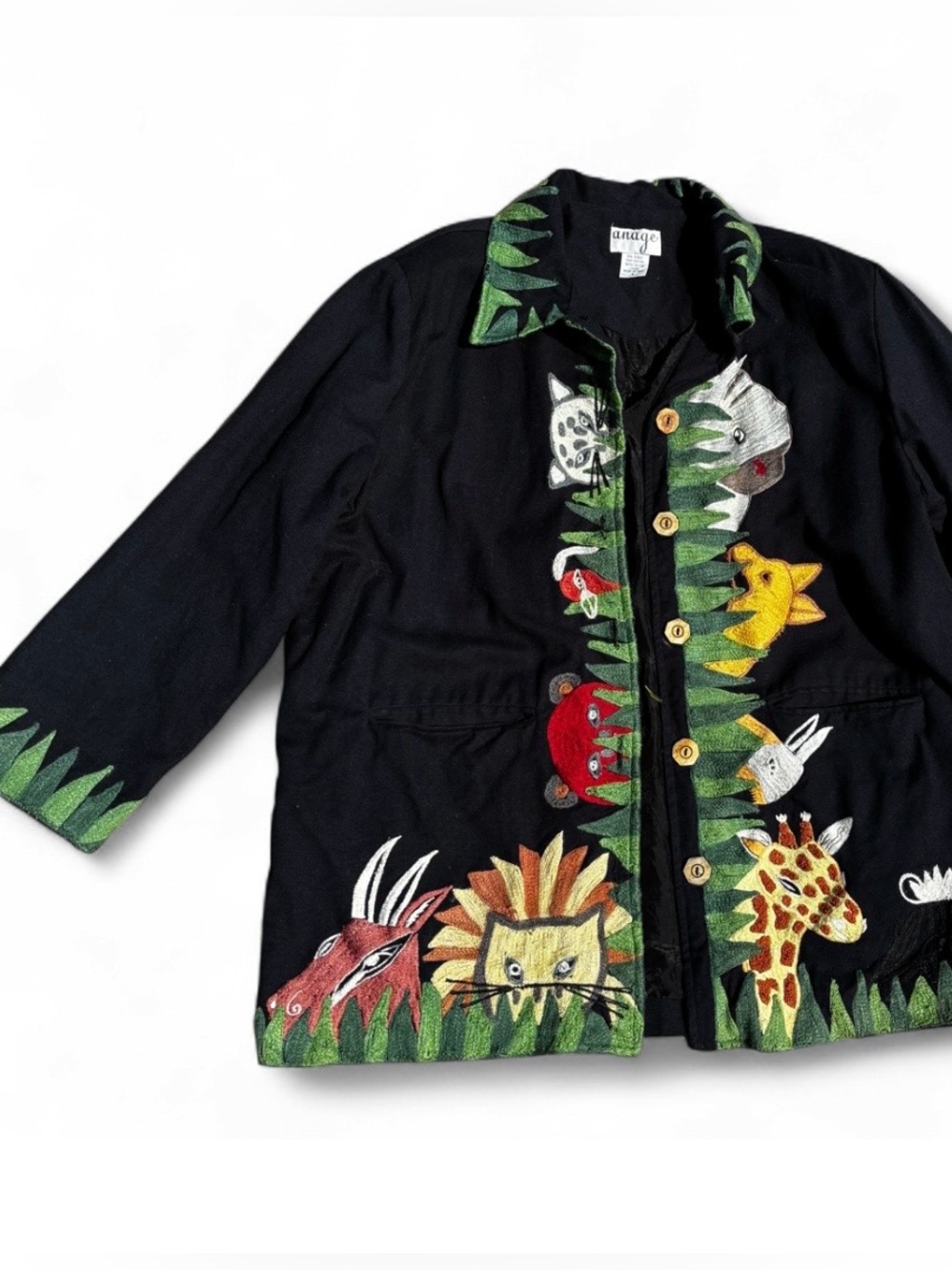 Anage Black Safari Jungle Animal Embroidered Art to Wear Jacket Size L